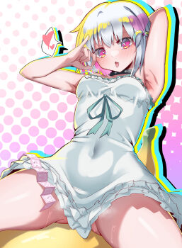 1girl absurdres arm_behind_head arm_up armpits black_choker blush breasts bright_pupils choker colored_inner_hair commentary_request condom condom_packet_strip condom_wrapper covered_navel cowboy_shot dohna_dohna_issho_ni_warui_koto_o_shiyou dress dress_ribbon drop_shadow dutch_angle fellatio_gesture foreshortening frilled_dress frills from_below gabanborjarnon gluteal_fold green_ribbon grey_hair hair_between_eyes hair_ornament hand_up heart heart_hair_ornament highres looking_at_viewer medium_hair multicolored_hair open_mouth pink_eyes pink_hair pinky_out polka_dot polka_dot_background porno_(dohna_dohna) ribbon shirt short_dress simple_background sitting sleeveless sleeveless_dress small_breasts solo spaghetti_strap speech_bubble spiked_choker spikes spoken_heart strap_slip striped_clothes striped_shirt sweat thighs tongue tongue_out white_background white_dress white_pupils