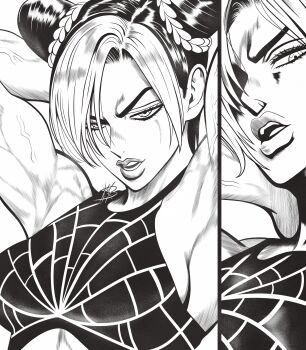 1girl absurdres armpits arms_up braid bun_with_braided_base commentary crosshatching double_bun english_commentary greyscale hair_bun hatching_(texture) highres jojo_no_kimyou_na_bouken kuujou_jolyne monochrome mostlybluewyatt multicolored_hair muscular muscular_female signature solo spider_web_print stone_ocean two-tone_hair veins