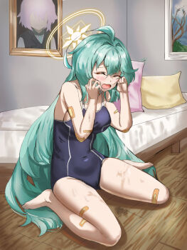1girl abydos_high_school_swimsuit ahoge bandaid bandaid_on_arm bandaid_on_leg bed blue_archive blue_one-piece_swimsuit breasts closed_eyes competition_school_swimsuit crying efi green_hair halo hoshino_(blue_archive) large_breasts long_hair one-piece_swimsuit photo_(object) pillow school_swimsuit sitting solo swimsuit too_many_bandaids wariza yellow_halo yume_(blue_archive)