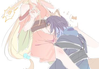 Rule 34 | !?, 2girls, animal ears, bare shoulders, black hair, black kimono, blonde hair, blue hair, breasts, brown sash, cho kaguya-hime!, closed eyes, clothing cutout, colored speech bubble, fox ears, fox girl, fox tail, head out of frame, highres, iraifol, japanese clothes, kaguya (cho kaguya-hime!), kimono, knee blush, licking, licking stomach, lop rabbit ears, medium breasts, medium hair, motion lines, multicolored hair, multiple girls, rabbit ears, red kimono, sakayori iroha, shoulder cutout, simple background, speech bubble, spoken interrobang, streaked hair, tail, tongue, tongue out, trembling, watermark, white background, yuri