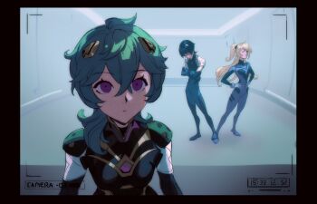 1boy 2girls absurdres aina_(mayexplode) blonde_hair blue_hair bodysuit closed_eyes closed_mouth collei_(genshin_impact) crossed_arms crossover curly_hair elevator fischl_(genshin_impact) genshin_impact grey_hair hair_between_eyes hair_over_one_eye hands_on_own_hips highres indoors interface_headset_(evangelion) long_hair looking_at_viewer looking_down looking_to_the_side mecha_pilot_suit mobile_suit multicolored_bodysuit multiple_girls neon_genesis_evangelion plugsuit_(evangelion) purple_eyes scaramouche_(genshin_impact) short_hair short_twintails standing stepping_on_another&#039;s_foot tongue tongue_out twintails viewfinder