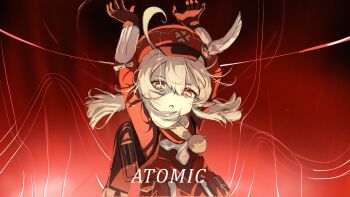 1girl :o absurdres arms_up backpack bag blonde_hair brown_gloves brown_scarf coat coin_hair_ornament commentary cowlick english_commentary english_text genshin_impact gloves glowing glowing_eyes hair_between_eyes hair_ornament hat hat_feather hat_ornament highres i_am_atomic_(meme) kage_no_jitsuryokusha_ni_naritakute! klee_(genshin_impact) long_sleeves looking_at_viewer low_twintails meme newsboy_cap open_mouth parody pointy_ears red_coat red_eyes red_hat red_theme scarf scene_reference sidelocks solo torten twintails