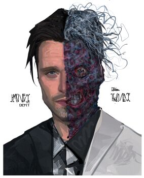 Rule 34 | 1boy, absurdres, batman (series), black hair, commentary, dark persona, dc comics, dual persona, english commentary, formal clothes, harvey dent, highres, male focus, multicolored hair, necktie, rxzarx, split-color hair, split theme, suit, two-face, two-tone hair, white hair