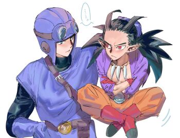 ... 2boys antenna_hair aviator_cap aviator_goggles black_bodysuit black_hair blue_eyes blue_gloves blue_hat blue_tunic bodysuit boots commentary_request crossed_arms dragon_quest dragon_quest_ii frown furrowed_brow gloves hat htkcnosinz jewelry long_hair looking_at_another male_focus multiple_boys necklace orange_pants pants pointy_ears prince_of_lorasia purple_shirt red_boots red_eyes red_gloves shared_speech_bubble shirt sidoh speech_bubble spoken_ellipsis tooth_necklace tunic white_background