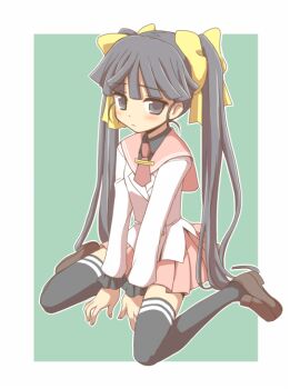 Rule 34 | 10s, 1girl, akatsuki (log horizon), between legs, blue eyes, blue hair, bow, hand between legs, hands on ground, log horizon, long hair, long sleeves, long twintails, looking at viewer, necktie, nitsu makura, sad, school uniform, simple background, sitting, on ground, skirt, thighhighs, twintails, yellow bow, zettai ryouiki