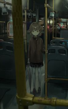 1girl absurdres black_shoes black_skirt blurry blurry_foreground brown_coat brown_eyes brown_hair bus bus_interior closed_mouth closed_umbrella coat collared_shirt depth_of_field expressionless full_body grey_umbrella hair_rings hand_grip hand_up hashtag-only_commentary hatoba_tsugu highres holding holding_hand_grip holding_umbrella loafers long_sleeves looking_at_viewer medium_hair mimizu_ningen mole mole_under_eye motor_vehicle pantyhose rain road road_sign shirt shoes side_up_ring sign single_hair_ring skirt solo standing tsugu_(vtuber) umbrella vehicle_interior virtual_youtuber white_pantyhose white_shirt window