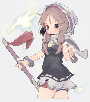 Rule 34 | 1girl, black shirt, blush, brown hair, closed mouth, commentary, cropped legs, dated commentary, hat, highres, holding, holding weapon, long hair, miniskirt, nep (nep 76), original, red eyes, shirt, simple background, skirt, sleeveless, sleeveless shirt, solo, weapon, white background, white hat, white skirt