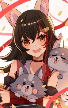 Rule 34 | 1girl, absurdres, animal ear fluff, animal ears, autumn leaves, bare shoulders, bell, black hair, black shirt, black sleeves, choker, commentary request, detached sleeves, falling leaves, fangs, hair between eyes, hair ornament, highres, holding, holding stuffed toy, hololive, leaf, long hair, long sleeves, looking at viewer, miofa (ookami mio), multicolored hair, ookami mio, ookami mio (1st costume), open mouth, red choker, red streaks, sailor collar, shirt, simple background, sleeveless, sleeveless shirt, smile, solo, streaked hair, stuffed animal, stuffed fox, stuffed toy, teeth, tukijika, upper body, upper teeth only, white background, white sailor collar, wolf ears, wolf girl, yellow eyes