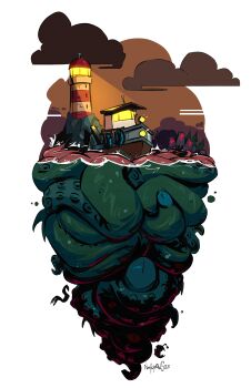 absurdres boat cliff cloud creature dark_cloud dredge_(video_game) highres light_rays lighthouse nekr0ns night no_humans painterly rock runes scenery simple_background tentacles too_many_eyes watercraft waves white_background