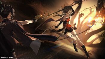 Rule 34 | 2girls, absurdres, aiming, black boots, black gloves, black hair, black jacket, black shorts, boots, braid, braided hair rings, breasts, cleavage, cleavage cutout, clothing cutout, copyright name, copyright notice, dark background, elbow gloves, facing away, fighting, fingerless gloves, full body, gloves, glowing, gun, hair between eyes, hair bun, hair rings, handgun, highres, holding, holding gun, holding polearm, holding weapon, jacket, jacket on shoulders, jingui (xinyue tongxing), logo, longjing (xinyue tongxing), low ponytail, multiple girls, official art, official wallpaper, open-toe boots, orange eyes, outstretched arm, polearm, ponytail, red shirt, revolver, shadow hands, shirt, shorts, sleeveless, sleeveless shirt, upper body, weapon, xinyue tongxing