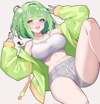 Rule 34 | 1girl, :d, breasts, commentary request, corrupted twitter file, double v, green hair, green jacket, grey background, grey shorts, hair intakes, hair ornament, hands up, highres, jacket, knee up, korean commentary, large breasts, long sleeves, looking at viewer, navel, one side up, open clothes, open jacket, open mouth, pom pom (clothes), pom pom hair ornament, purple eyes, qwlwart, short hair, short shorts, shorts, simple background, sleeves past wrists, smile, solo, sports bra, stellive, thighhighs, twitter username, v, virtual youtuber, white sports bra, wispy bangs, yuzuha riko