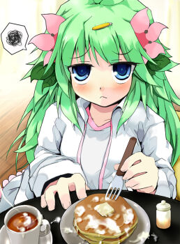 :< annoyed blue_eyes blush coffee cum cum_in_container cum_in_cup cum_on_food cup flower food fork gen_4_pokemon glaring green_hair hair_flower hair_ornament holding holding_fork jitome legendary_pokemon long_hair mythical_pokemon nintendo open_clothes pancake pancake_stack personification pokemon rakkogawa_rinro sexually_suggestive shaymin solo solo_focus squiggle table v-neck