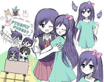 &gt;_&lt; 2girls 3boys alternate_eye_color arm_up aubrey_(headspace)_(omori) aubrey_(omori) black_tank_top blue_shirt blush bow bra_strap bright_pupils brother_and_sister brothers bug_bunny_(omori) closed_eyes closed_mouth collared_shirt colored_skin double-parted_bangs english_text hair_between_eyes hair_bow hero_(headspace)_(omori) hero_(omori) highres holding holding_spatula hug kel_(headspace)_(omori) kel_(omori) long_hair long_shirt long_sleeves looking_at_another looking_at_viewer mari_(headspace)_(omori) mari_(omori) minecart mr._plantegg_(omori) multiple_boys multiple_girls neckerchief omori omori_(omori) one_eye_closed open_mouth pajamas pink_bow pleated_skirt potted_plant_(omori) purple_hair railroad_tracks rare_bear_(omori) red_neckerchief red_skirt shirt short_hair short_sleeves siblings sidelocks simple_background sketch skirt smile spatula striped_clothes striped_pajamas t-shirt tank_top tearing_up true_erg vertical-striped_clothes vertical-striped_pajamas white_background white_pupils white_shirt white_skin