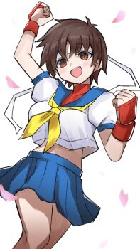 1girl blue_skirt brown_eyes brown_hair capcom cherry_blossoms female_focus fingerless_gloves gloves kasugano_sakura matching_hair/eyes neckerchief open_mouth red_gloves school_uniform serafuku simple_background skirt solo street_fighter street_fighter_zero_(series) teeth upper_teeth_only white_background yellow_neckerchief
