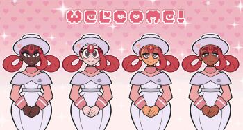 4girls blush breasts closed_mouth dark-skinned_female dark_skin dress grey_eyes hair_rings hat highres joy_(pokemon) long_hair long_sleeves looking_at_viewer milkkirie multiple_girls nintendo nurse nurse_cap pink_dress pink_hair pokemon pokemon_legends:_z-a smile star_(symbol) white_dress
