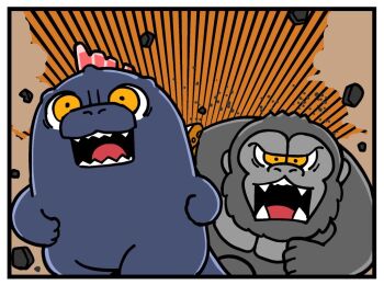 animal animal_focus bkub border chibi crossover dinosaur fangs godzilla godzilla_(monsterverse) godzilla_(series) godzilla_evolved godzilla_x_kong:_the_new_empire gorilla kaiju king_kong king_kong_(series) kong_(monsterverse) legendary_pictures monster monsterverse no_humans open_mouth orange_background rock sharp_teeth teeth toho tongue white_border yellow_eyes