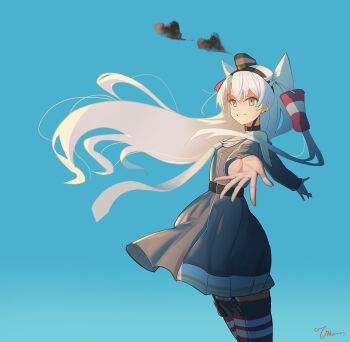 Rule 34 | 1girl, absurdres, amatsukaze (kancolle), amatsukaze kai ni (kancolle), blue sky, brown serafuku, commentary request, cowboy shot, grey hair, grey necktie, hairband, highres, kantai collection, kneehighs, looking at viewer, miniskirt, necktie, open mouth, pleated skirt, sailor collar, school uniform, serafuku, skirt, sky, smile, smokestack hair ornament, socks, solo, striped clothes, striped socks, teeth, two side up, utharr, white sailor collar, yellow eyes