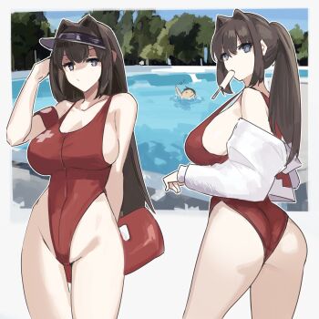 Rule 34 | 1boy, 1girl, aozaki aoko, ass, bare shoulders, blue eyes, breasts, brown hair, cameltoe, cross, groin, highres, jonyeld, large breasts, leotard, lifeguard, mahou tsukai no yoru, multiple views, pool, red cross, shizuki soujuurou, sideboob, visor cap