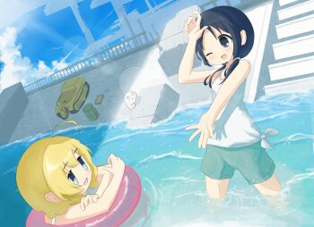 Rule 34 | 2girls, absurdres, ahoge, black eyes, black hair, blonde hair, blue eyes, blush, chito (shoujo shuumatsu ryokou), green shorts, highres, in water, karmanima0w0, low twintails, military vehicle, multiple girls, nuko (shoujo shuumatsu ryokou), one eye closed, shadow, shirt, shorts, shoujo shuumatsu ryokou, stairs, swim ring, twintails, white shirt, yuuri (shoujo shuumatsu ryokou)