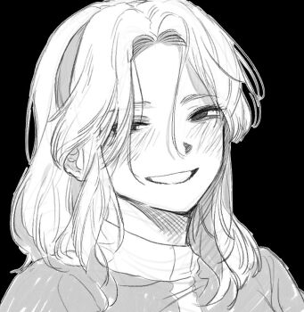 1girl bac0n_pancakes bad_id bad_pixiv_id blush curtained_hair empty_eyes greyscale grin hair_over_one_eye half-closed_eyes high_collar long_hair looking_at_viewer maria_robotnik monochrome parted_lips simple_background sketch smile solo sonic_(series) upper_body