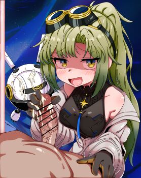 Rule 34 | 1girl, after handjob, arcaea, bar censor, bare shoulders, bdsm, black gloves, black shirt, black skirt, breasts, censored, cum, curtained hair, femdom, glansjob, gloved handjob, gloves, goggles, green hair, handjob, high ponytail, highres, jacket, leather, leather skirt, maigo no haien, medium breasts, medium hair, mesugaki, nonoka (arcaea), penis milking, ponytail, pov, sadism, seductive smile, see-through clothes, shirt, skirt, smile, solo, two-tone gloves, white jacket, white sleeves, yellow eyes, yellow gloves