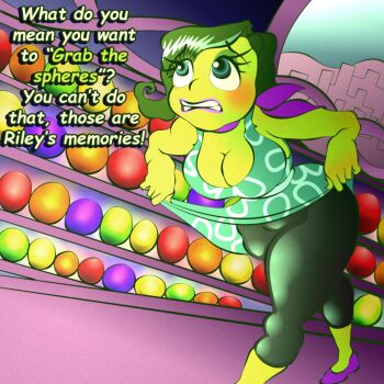 breasts cleavage clothes_lift colored_skin commentary confused disgust_(inside_out) dress english_commentary green_dress green_eyes green_hair green_skin highres inside_out large_breasts leanderart64 pantyhose pink_lips self-upload skirt skirt_lift thick_thighs thighs
