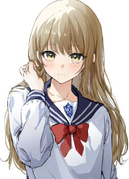 1boy blue_sailor_collar blush bow brown_hair green_eyes hair_in_own_mouth hanaoka_makoto hashtag-only_commentary highres long_hair long_sleeves male_focus red_bow ryu_o sailor_collar school_uniform senpai_wa_otokonoko serafuku shirt trap tucking_hair white_shirt