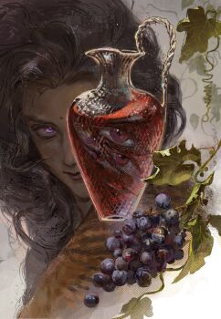 Rule 34 | 1boy, alcohol, black hair, commentary, dark-skinned male, dark skin, different reflection, dionysus (mythology), english commentary, extra eyes, food, fruit, glass, glass jar, grape vine, grapes, greek mythology, highres, jar, leaf, looking at viewer, male focus, parted hair, portrait, purple eyes, red wine, reflection, rora (auroradiation), smile, solo, wavy hair, white background, wine