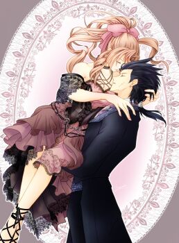 1boy 1girl 3mame_000_185 aerith_gainsborough alternate_costume ascot bare_shoulders black_choker black_coat black_hair carrying choker closed_eyes coat commentary_request couple crisis_core:_final_fantasy_vii cross_scar dress earrings facial_scar feet_out_of_frame final_fantasy final_fantasy_vii forehead-to-forehead frilled_dress frills from_side goth_fashion hair_ribbon halloween hand_on_another&#039;s_head heads_together highres jewelry long_hair low_ponytail parted_bangs parted_lips pink_ribbon ponytail princess_carry purple_ascot purple_dress ribbon scar scar_on_cheek scar_on_face stud_earrings zack_fair