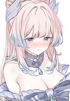 1girl bare_shoulders blue_eyes blue_hair blunt_bangs blush bow-shaped_hair breasts closed_mouth cobra_(cobra_63) detached_collar gem genshin_impact gradient_hair hair_ornament highres long_hair looking_down multicolored_hair pink_hair purple_eyes sangonomiya_kokomi sketch solo upper_body vision_(genshin_impact) white_background