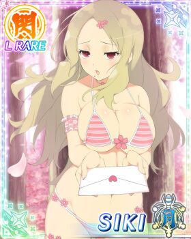 1girl :o armband bikini blonde_hair border breasts card_(medium) character_name cherry_blossoms choker cleavage confession envelope falling_petals flower_choker flower_hairclip game_cg hair_ornament hairclip holding holding_envelope holding_letter incoming_letter large_breasts letter long_hair looking_at_viewer love_letter middle_part mole mole_under_mouth navel official_art parted_bangs petals pink_armband pink_bikini pink_petals red_eyes senran_kagura senran_kagura_new_wave shiki_(senran_kagura) skindentation solo swimsuit thigh_strap third-party_source tree under_tree