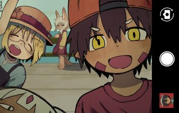 1boy 1other 2girls animal_ears arm_up backwards_hat blonde_hair brown_hair dark-skinned_female dark_skin dress fake_screenshot faputa furry glasses hat highres made_in_abyss multiple_girls nanachi_(made_in_abyss) open_mouth red_dress reg_(made_in_abyss) riko_(made_in_abyss) signature smile tail tamachi_sa user_interface viewfinder white_hair yellow_eyes
