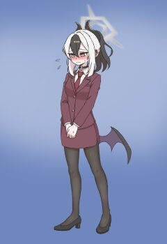 1girl ayo5108 black_hair black_pantyhose blue_archive choker closed_mouth commentary cosplay demon_horns embarrassed english_commentary formal_clothes gun halo high_heels highres horns kayoko_(blue_archive) mask multicolored_hair necktie pantyhose red_eyes red_skirt red_spy_(tf2) skirt solo spy_(tf2) spy_(tf2)_(cosplay) suit team_fortress_2 two-tone_hair weapon white_hair