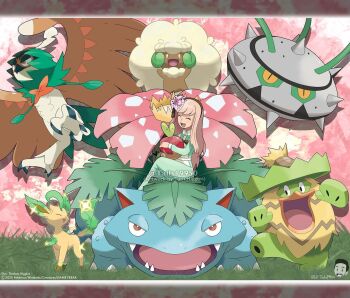 1girl alternate_color applin aqua_dress artist_name blush bright_pupils brown_hairband closed_eyes closed_mouth commentary commission company_name copyright_name copyright_notice decidueye dress english_commentary eyelashes fangs ferrothorn flower gen_1_pokemon gen_3_pokemon gen_4_pokemon gen_5_pokemon gen_7_pokemon gen_8_pokemon hair_flower hair_ornament hairband highres holding holding_pokemon instagram_username leaf leafeon long_hair ludicolo nintendo nostrils official_style open_mouth orange_pupils original pink_flower pink_hair pokemon pokemon_(creature) procreate_(medium) red_eyes shiny_pokemon sitting smile sparkle spikes tom_higgins venusaur watermark whimsicott white_pupils yellow_eyes
