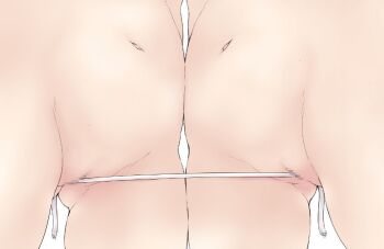 2girls belly-to-belly between_labia censored completely_nude female_focus from_below ham_(points) legs_apart loli mosaic_censoring multiple_girls navel nude original pussy simple_background standing string symmetry white_background