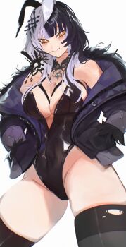 1girl absurdres adapted_costume animal_ear_hairband animal_ears bare_shoulders black_choker black_coat black_hair black_leotard black_nails breasts choker cleavage closed_mouth coat commentary covered_navel detached_collar fake_animal_ears fur-trimmed_coat fur_trim grey_hair hairband highleg highleg_leotard highres hirosenpai hololive hololive_english jewelry lace lace-trimmed_choker lace_choker lace_trim large_breasts leotard long_hair looking_at_viewer multicolored_hair playboy_bunny rabbit_ear_hairband rabbit_ears shiori_novella shiori_novella_(1st_costume) simple_background smile solo split-color_hair strapless strapless_leotard two-sided_coat two-sided_fabric two-tone_hair virtual_youtuber white_background yellow_eyes yorick_(shiori_novella)