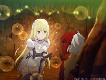 1boy 1girl absurdres aiz_wallenstein anime_coloring armor bell_cranel black_gloves blonde_hair blood blood_in_hair blood_on_clothes blood_on_face blue_thighhighs breastplate breasts cave_interior closed_mouth commentary_request copyright_notice danmachi_battle_chronicle dress dungeon_ni_deai_wo_motomeru_no_wa_machigatteiru_darou_ka elbow_gloves faulds gloves hairband hand_on_own_thigh highres leaning_forward long_hair looking_at_another medium_breasts metal_hairband microdress offering_hand official_art red_eyes second-party_source short_hair shoulder_armor sparkle sparkling_aura thighhighs vambraces white_dress white_hair yellow_eyes