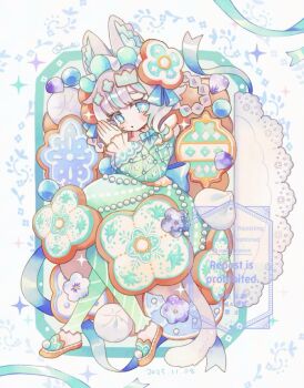 1girl animal_ear_fluff animal_ears blue_eyes blue_hair blue_ribbon blush braid braided_hair_rings cat_ears cat_girl cat_tail commentary_request cookie_hair_ornament dated dress food-themed_hair_ornament full_body green_dress green_pantyhose grey_hair hair_ornament hair_ribbon hair_rings long_sleeves looking_at_viewer mochimura_sorata multicolored_hair original own_hands_together palms_together pantyhose parted_lips ribbon shoes short_hair signature solo sparkle streaked_hair striped_clothes striped_pantyhose tail two-tone_hair watermark yellow_shoes