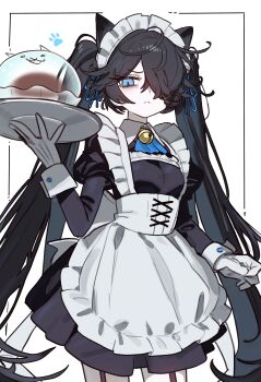 1girl absurdres animal_ears apron bell black_dress black_hair blue_eyes breasts cat_ears cat_girl dark_kasli_(nyanko_daisensou) dress ebora frown gloves hair_over_one_eye highres holding holding_tray jingle_bell kasli_(nyanko_daisensou) long_hair long_sleeves maid maid_headdress nyanko_daisensou one_eye_covered pale_skin slit_pupils small_breasts tray twintails white_apron white_gloves