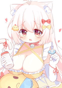 1girl absurdres ahoge animal_ear_fluff animal_ears baby_bottle bell blush bottle bow breasts cat_ears cat_girl cat_tail choker cleavage copyright_request criss-cross_halter dress elbow_gloves food frilled_dress frills gloves hair_between_eyes hair_bow hair_ornament halterneck hands_up heart highres holding holding_bottle holding_food jingle_bell large_breasts long_hair looking_at_viewer milk_bottle open_mouth pacifier pink_hair red_bow red_choker red_eyes red_ribbon ribbon simple_background solo sparerib- tail tail_bow tail_ornament tail_raised tail_ribbon upper_body very_long_hair white_background white_gloves yellow_bow yellow_dress