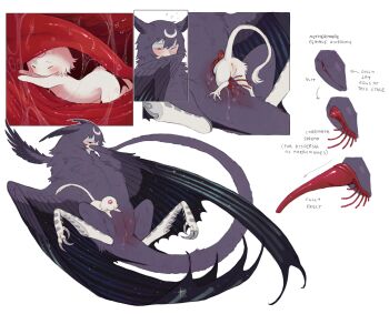 2girls animal_penis blush body_fur closed_eyes creature dragon dragon_wings feathers harpy highres inside_creature jejejunum monster monster_girl multiple_girls nethermare no_humans one_eye_closed original penis purple_feathers purple_tail purple_wings pussy pussy_juice size_difference unbirthing white_fur white_tail wings yuri