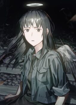 Rule 34 | 1girl, black eyes, black hair, black jacket, black shirt, black wings, commentary request, feathered wings, haibane renmei, halo, highres, jacket, kuthi0510, long hair, on railroad tracks, railroad tracks, reki (haibane renmei), shirt, sleeves rolled up, solo, spoilers, traditional halo, wings