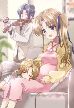 1boy 2girls black_hair black_ribbon blonde_hair blurry blurry_background blush bow_(music) breasts cardigan child closed_eyes closed_mouth collarbone commentary_request commission couch couple criss-cross_halter dress ef_(visual_novel) eyes_visible_through_hair family family_bonding father_and_daughter feet_out_of_frame hair_ribbon halterneck hand_on_own_stomach hayama_mizuki hetero highres holding holding_bow_(music) holding_instrument holding_violin if_they_mated indoors instrument kuroi_mimei kuze_shuuichi lap_pillow long_dress long_hair long_sleeves looking_at_another looking_down lying medium_breasts medium_hair mother_and_daughter multiple_girls music on_couch on_side open_cardigan open_clothes open_mouth parted_bangs pink_dress playing_instrument ponytail pregnant ribbon side_ponytail sidelocks sitting skeb_commission sleeping sleeves_past_wrists smile split_mouth standing violin yellow_cardigan