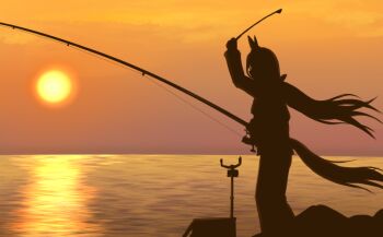 1girl admire_vega_(umamusume) commentary_request fishing fishing_rod fusou_(fuso0205) holding holding_fishing_rod horse_girl horse_tail ocean solo sunset tail umamusume