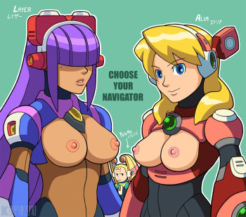 3girls alia_(mega_man) android blonde_hair blue_eyes breasts capcom character_name chibuwa_rouran commentary dark_skin dark-skinned_female fringe_trim hair_over_eyes headgear highres large_breasts layer_(mega_man) lips mega_man_(series) mega_man_x_(series) mole mole_under_eye multiple_girls nipples pallette_(mega_man) purple_hair simple_background smile text_focus