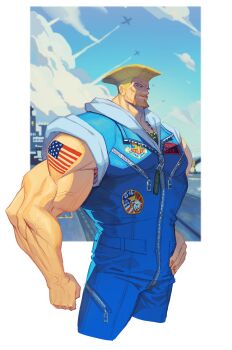 Rule 34 | 1boy, a tai, absurdres, aircraft, airplane, american flag, american flag tattoo, beard, blonde hair, blue eyes, blue jacket, blue pants, border, cheekbones, clenched hand, closed mouth, cowboy shot, cropped legs, facial hair, flattop, furrowed brow, guile, hand on own hip, highres, jacket, male focus, mature male, muscular, muscular male, pants, runway, short hair, shoulder tattoo, solo, street fighter, tattoo, veins, veiny arms, white border