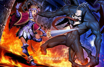 1girl armor armored_dress atlus battle boots braid crown dress dutch_angle elfaran faulds fire gauntlets genzoman gradriel_de_valendia knee_boots long_tongue monster princess_crown purple_hair queen_elfaran sword tongue tongue_out weapon