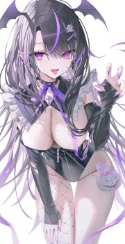 1girl :p ahoge black_hair black_leotard black_sleeves blush breasts choker cleavage cross detached_sleeves ear_piercing earrings fangs fishnet_pantyhose fishnets ghost_hair_ornament hair_between_eyes hair_ornament hand_on_own_thigh head_wings highleg highleg_leotard highres jewelry large_breasts leaning_forward leotard long_hair looking_at_viewer mole mole_on_breast multicolored_hair nail_art open_mouth original pantyhose piercing purple_eyes purple_hair purple_nails rin_yuu sharp_nails simple_background single_fishnet_legwear solo spiked_choker spikes streaked_hair thigh_gap tongue tongue_out very_long_hair white_background wings x_hair_ornament