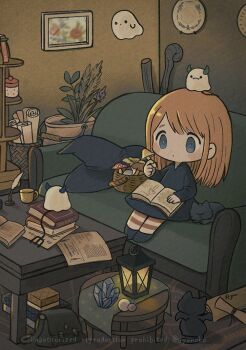 Rule 34 | 1girl, ayu (mog), bag, black dress, black shoes, blue eyes, blush stickers, book, closed mouth, commentary, crystal, cup, dress, english commentary, full body, ghost, hat, holding, holding mushroom, indoors, lantern, long hair, long sleeves, mushroom, open book, orange hair, original, pantyhose, picture frame, quill, red pantyhose, scroll, shoes, sidelocks, sitting, solo, striped clothes, striped pantyhose, table, twitter username, unworn hat, unworn headwear, watermark, witch hat