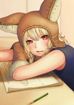 Rule 34 | 1girl, absurdres, bare shoulders, blonde hair, blush, braid, commentary request, drawing (object), gloves, hat, head rest, highres, hotateyuki, looking at viewer, original, parted lips, pencil, red eyes, smile, solo, twin braids